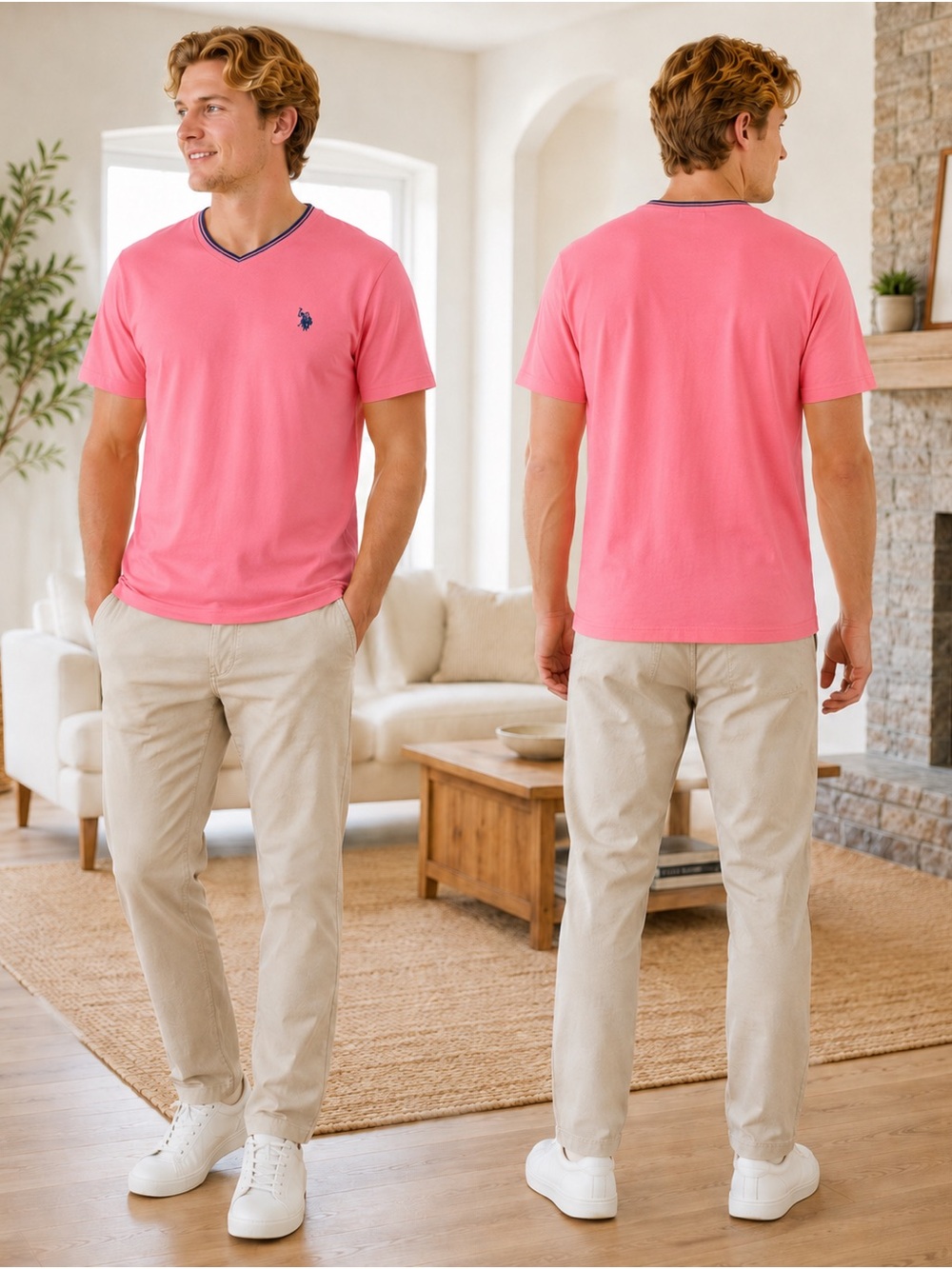 U.S. Polo Assn. Men's Pink V-Neck Short Sleeve Tee